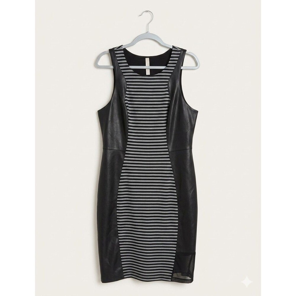 Bailey 44 Gyroscope Faux Leather Mixed Media Dress Womens L Black White Striped